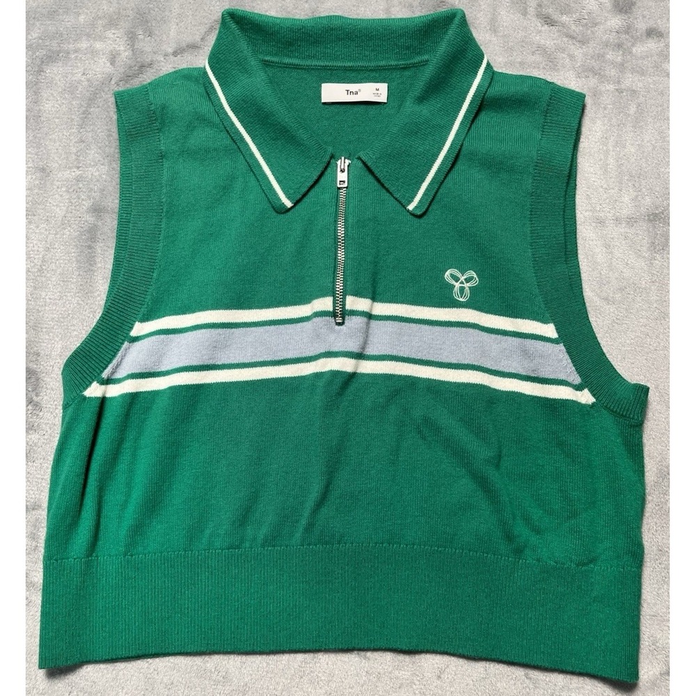 Aritzia TNA Bayport Cropped Sweater Vest Women's Medium Green Quarter Zip Polo - Picture 2 of 6